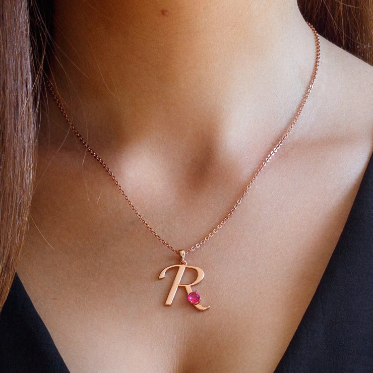 Initial Letter Necklace - Rose Gold & Pink Topaz