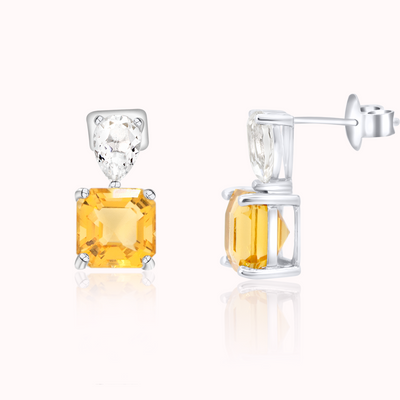 cute yellow citrine and white topaz gemstones women earrings in sterling silver and rhodium plated