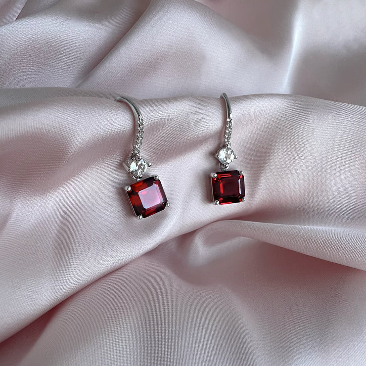 classy natural pyrope red garnet gemstone earrings in sterling silver and rhodium plated