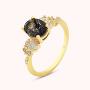 Natural Black Rutilated Quartz & Zircon Unique Ring, 925 Sterling Silver and 14K Gold Vermeil, Engagement Ring