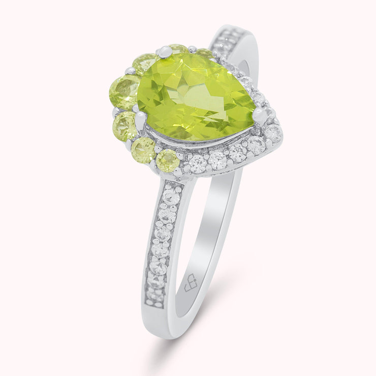 Elegant Natural Green Peridot and Zircon Gemstones Sterling Silver Ring, August Birthstone