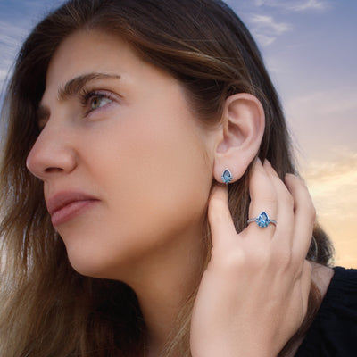 Sterling silver earrings and ring set with Natural London blue topaz gemstone and rhodium plating - timeless elegance
